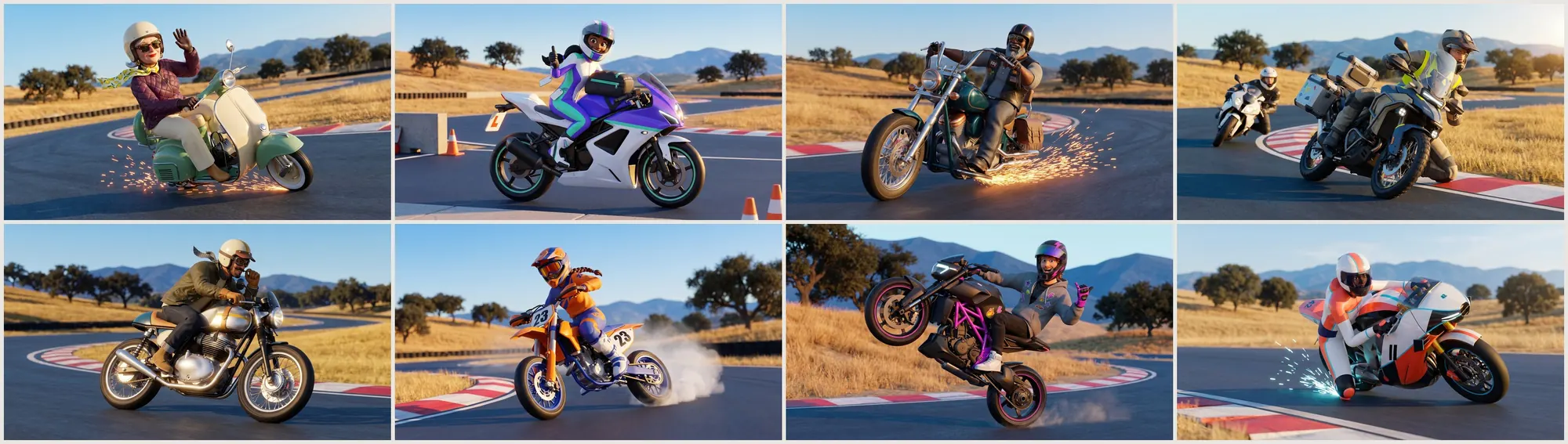 The eight signature rider and bike combos lined up at golden hour