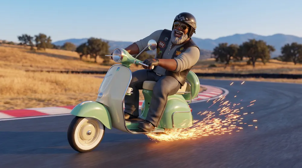 Big Mike riding the small Dolce 150 scooter