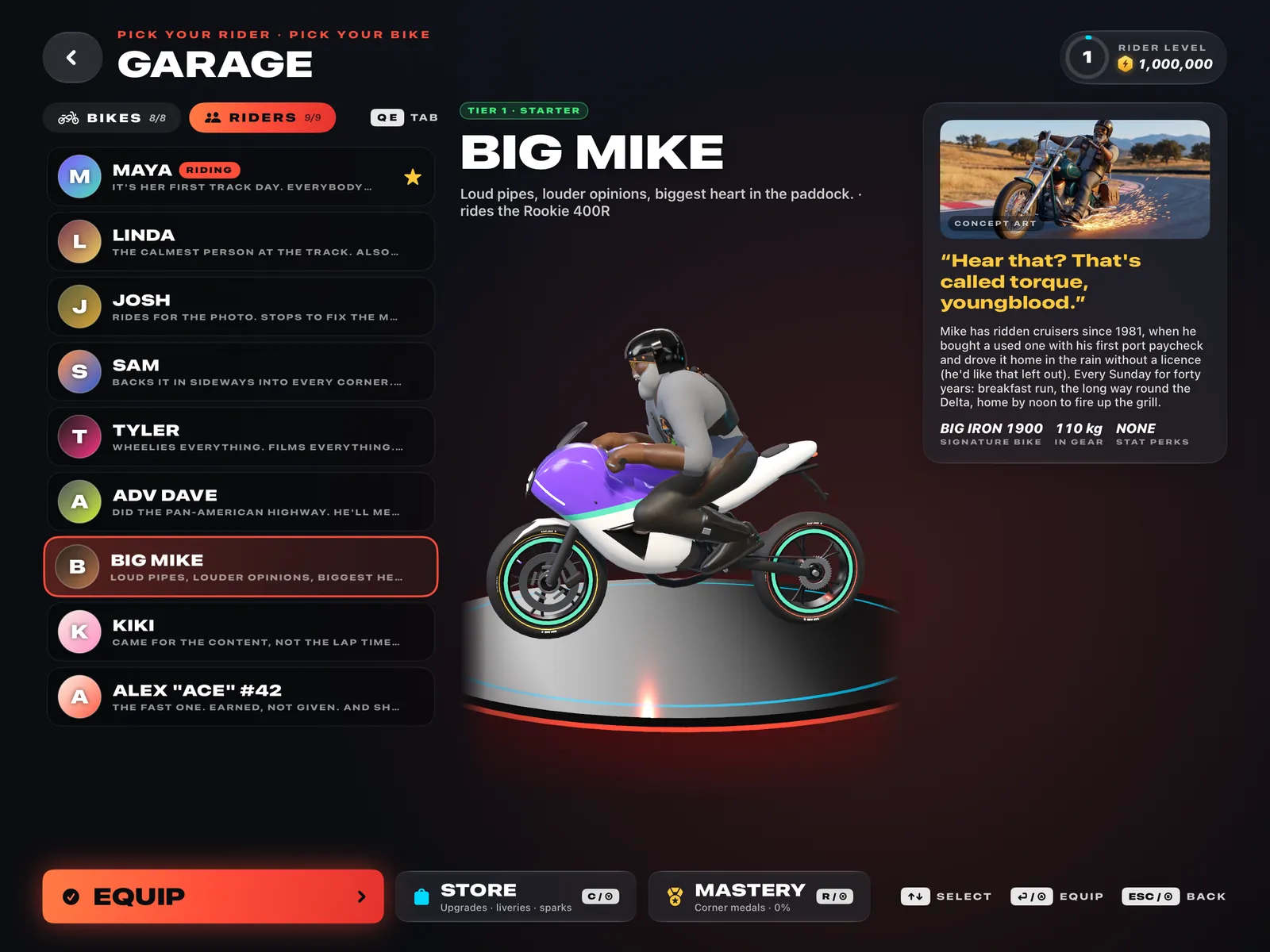 The garage: Big Mike on the turntable with his bio card