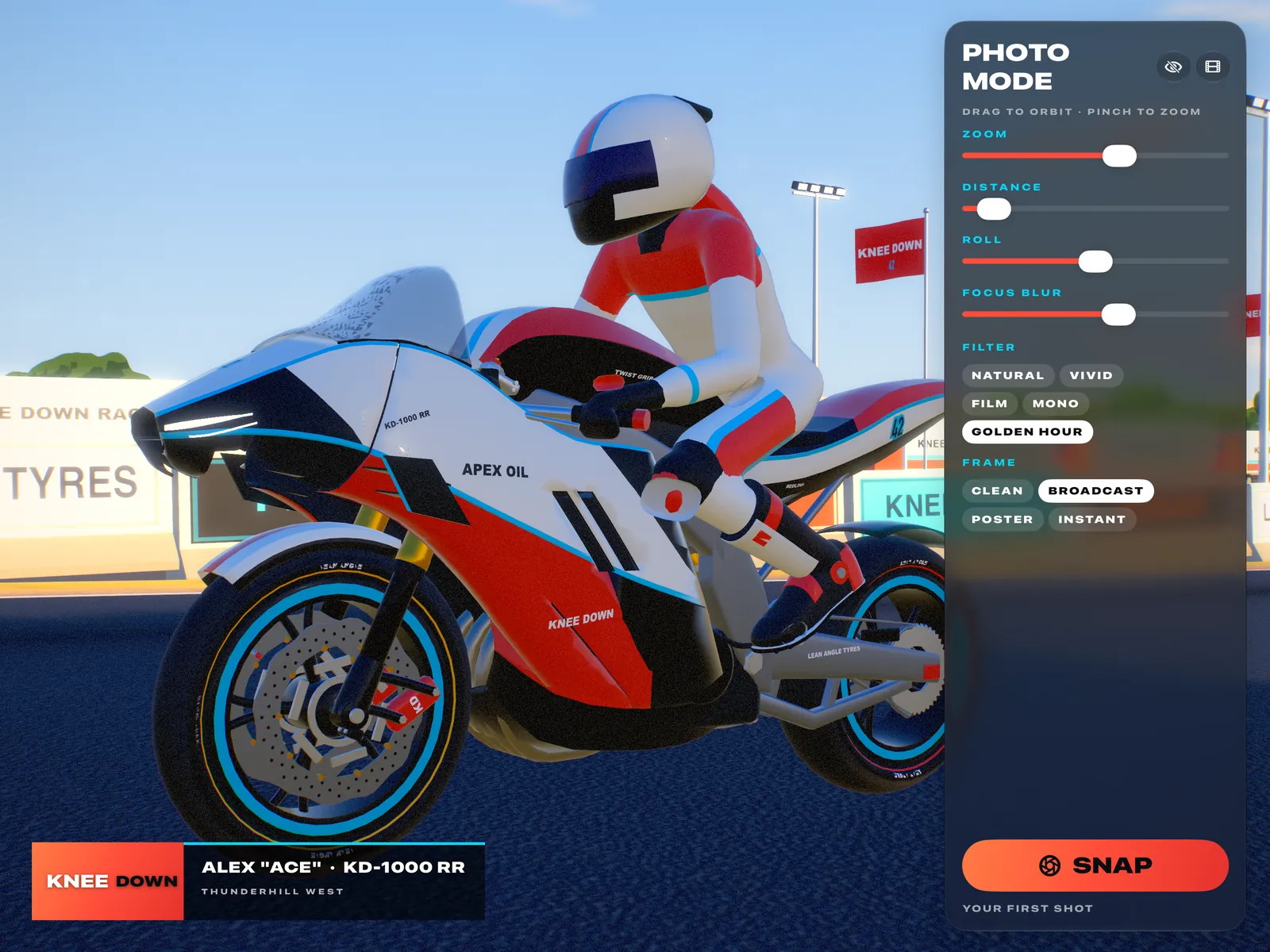 Photo mode: a close-up of Alex on the KD-1000 RR with the broadcast frame