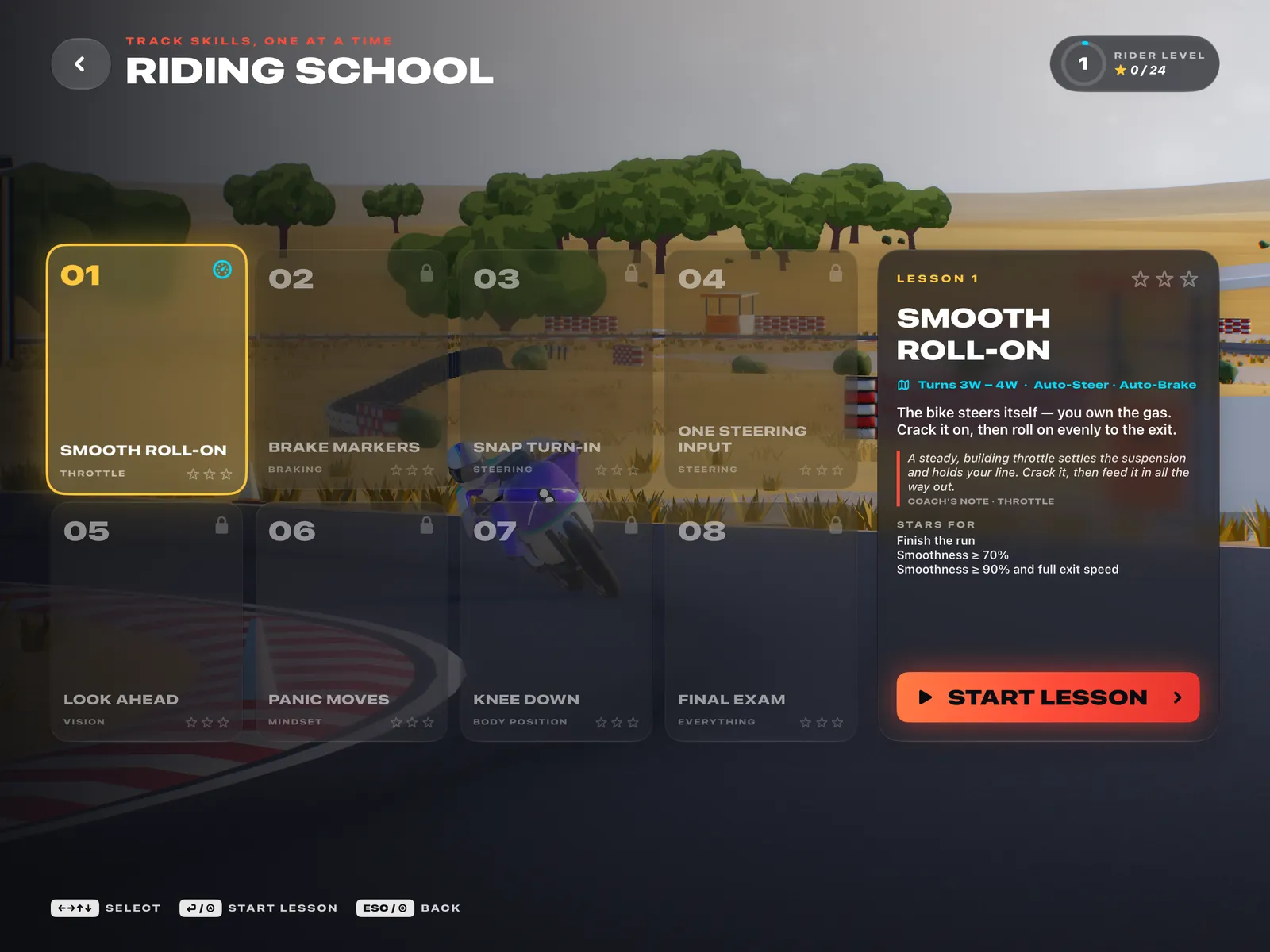 Riding School: eight lessons with star ratings; lesson 1, Smooth Roll-On, selected
